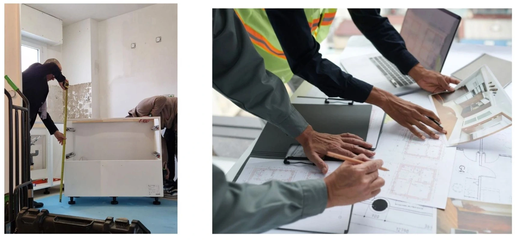 Métré sur chantier et plans techniques remis aux artisans avant la pose de la cuisine - Cuizineo